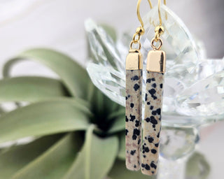 Dainty Dalmatian Jasper Earrings: Gold Stainless Steel Bar Earrings