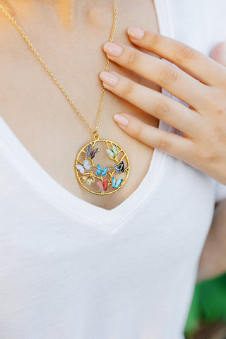Gold Family Tree Necklace: Butterfly Birthstone Pendant, Mom Jewelry