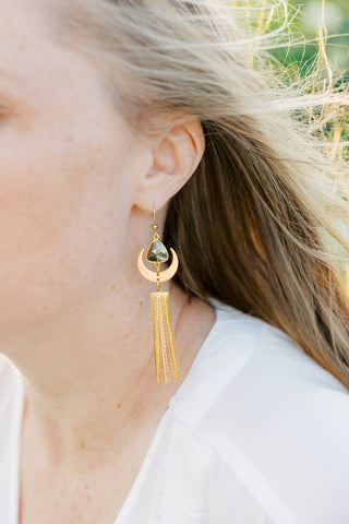Mismatched Pyrite Tassel Earrings: Asymmetrical Moon Design