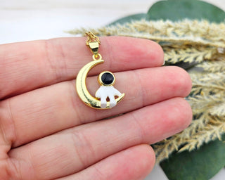 Astronaut Necklace: Gold Crescent Moon Pendant, Stainless Steel Chain