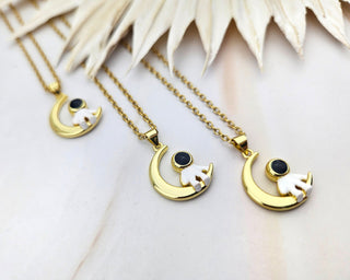 Astronaut Necklace: Gold Crescent Moon Pendant, Stainless Steel Chain