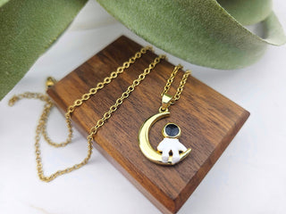 Astronaut Necklace: Gold Crescent Moon Pendant, Stainless Steel Chain