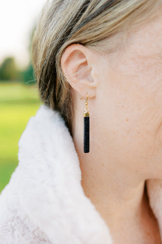 Blue Goldstone Bar Earrings: Gold Stainless Steel, Geometric Dangles
