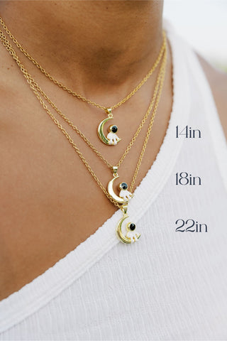 Astronaut Necklace: Gold Crescent Moon Pendant, Stainless Steel Chain
