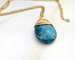 Blue Apatite Teardrop Necklace: Wire Wrapped Gemstone Jewelry