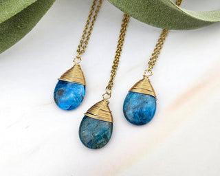 Blue Apatite Teardrop Necklace: Wire Wrapped Gemstone Jewelry