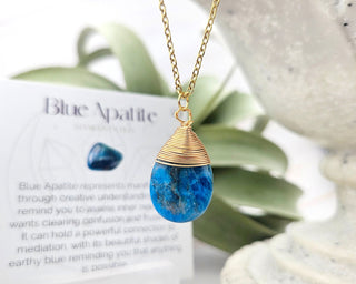 Blue Apatite Teardrop Necklace: Wire Wrapped Gemstone Jewelry