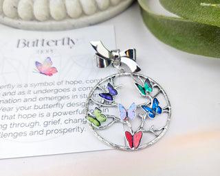 Family Birthstone Brooch: Silver Tree of Life Pin with Recycled Paper Butterflies