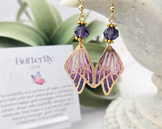 Butterfly Wing Earrings: Watercolor Fabric, Birthstone Beads