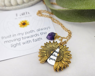 Birthstone Sunflower Necklace: Gold Pendant with Hidden Affirmation