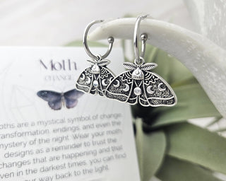 Silver Luna Moth Huggie Hoops - Goth Insect Earrings - Cartilage Hoops - Wiccan Moon Phase Jewelry