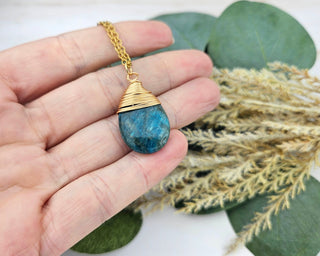 Blue Apatite Teardrop Necklace: Wire Wrapped Gemstone Jewelry