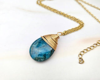 Blue Apatite Teardrop Necklace: Wire Wrapped Gemstone Jewelry