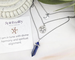 Layered Pentagram Necklace: Crescent Moon, Gemstone Bullet, Silver Plated