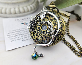 Dragon Pocket Watch Necklace: Steampunk Quartz Pendant