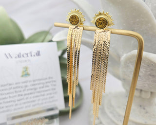 Druzy Sunburst Tassel Earrings: Art Deco Gold Plated Dangles