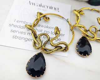 Gold Snake Hoop Earrings with Teardrop Gemstone: Witchy Goth Jewelry