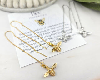 Gold Bee Threader Earrings: Long Dangle Earrings