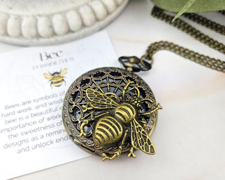 Bee Pocket Watch Necklace: Bronze Filigree Steampunk Pendant