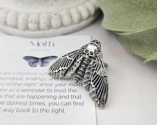 Death Head Moth Ring – Silver, Birthstone Eyes, Goth Jewelry