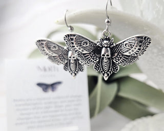 Silver Death Head Earrings - Goth Insect Earrings - Macabre - Esoteric Moth Jewelry - Oddities