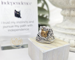 Vintage Spoon Ring: Brass Cat, Floral Copper Wrap Ring