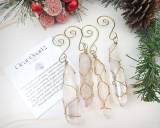 Clear Quartz Crystal Ornament: Golden Wire Wrapped Healing Crystals