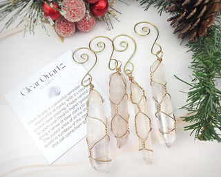 Clear Quartz Crystal Ornament: Golden Wire Wrapped Healing Crystals