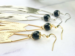 Black Tourmaline Tassel Earrings - Elegant Gemstone Earrings - Extra Long Shoulder Dusters