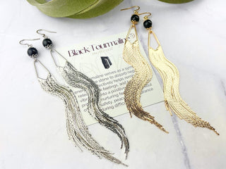 Black Tourmaline Tassel Earrings - Elegant Gemstone Earrings - Extra Long Shoulder Dusters
