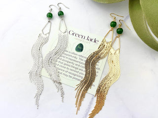 Green Jade Fringe Earrings - Meaningful Jewelry - Long Shoulder Duster Earrings
