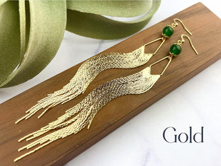 Green Jade Fringe Earrings - Meaningful Jewelry - Long Shoulder Duster Earrings
