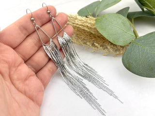 Silver Tassel Earrings: Stainless Steel Fringe, Elegant Waterfall Design
