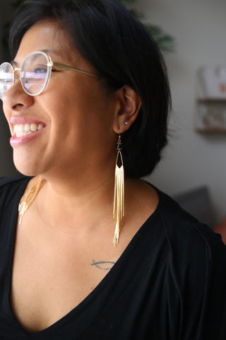 Black Tourmaline Tassel Earrings - Elegant Gemstone Earrings - Extra Long Shoulder Dusters