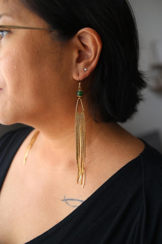 Green Jade Fringe Earrings - Meaningful Jewelry - Long Shoulder Duster Earrings