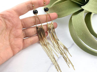 Black Tourmaline Tassel Earrings - Elegant Gemstone Earrings - Extra Long Shoulder Dusters