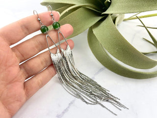 Green Jade Fringe Earrings - Meaningful Jewelry - Long Shoulder Duster Earrings