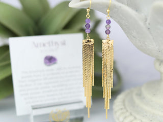 Amethyst Tassel Earrings - Long Waterfall Earrings - Healing Crystals