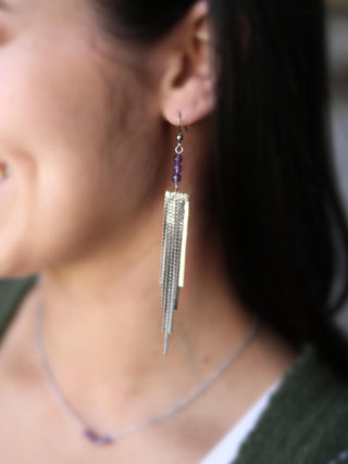 Amethyst Tassel Earrings - Long Waterfall Earrings - Healing Crystals