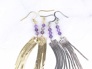 Amethyst Tassel Earrings - Long Waterfall Earrings - Healing Crystals