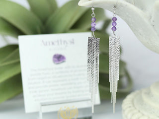 Amethyst Tassel Earrings - Long Waterfall Earrings - Healing Crystals