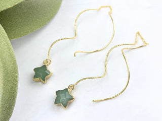 Gold Green Aventurine Star Earrings - Spiral Threaders, Hypoallergenic Crystal Jewelry Gift