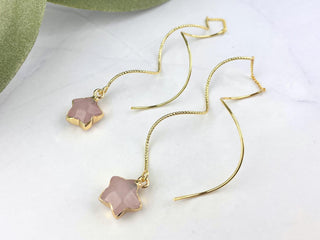 Star Threader Earrings - 18k Gold Rose Quartz Spiral Dangle Earrings Anniversary Gift For Her