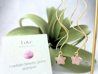 Star Threader Earrings - 18k Gold Rose Quartz Spiral Dangle Earrings Anniversary Gift For Her
