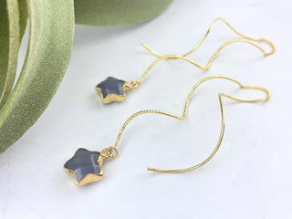 18K Gold Star Threaders - Smoky Quartz - Celestial Spiral Earrings
