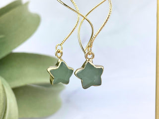 Gold Green Aventurine Star Earrings - Spiral Threaders, Hypoallergenic Crystal Jewelry Gift