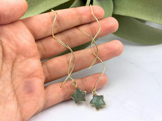 Gold Green Aventurine Star Earrings - Spiral Threaders, Hypoallergenic Crystal Jewelry Gift