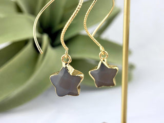 18K Gold Star Threaders - Smoky Quartz - Celestial Spiral Earrings