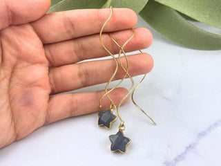 18K Gold Star Threaders - Smoky Quartz - Celestial Spiral Earrings