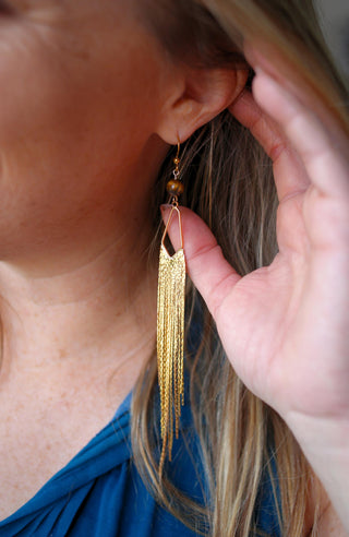 Gold Crystal Tassel Earrings - Long Fringe Chandelier Earrings